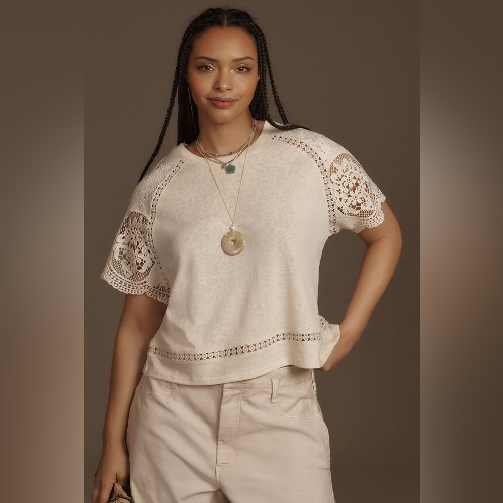 NWT Blue Tassel Crochet-Sleeve Top